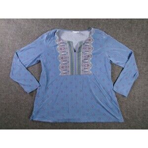 J Jill Top Womens M Blue Embroidered Yoke Long Sleeve Tunic Boho Paisley Print